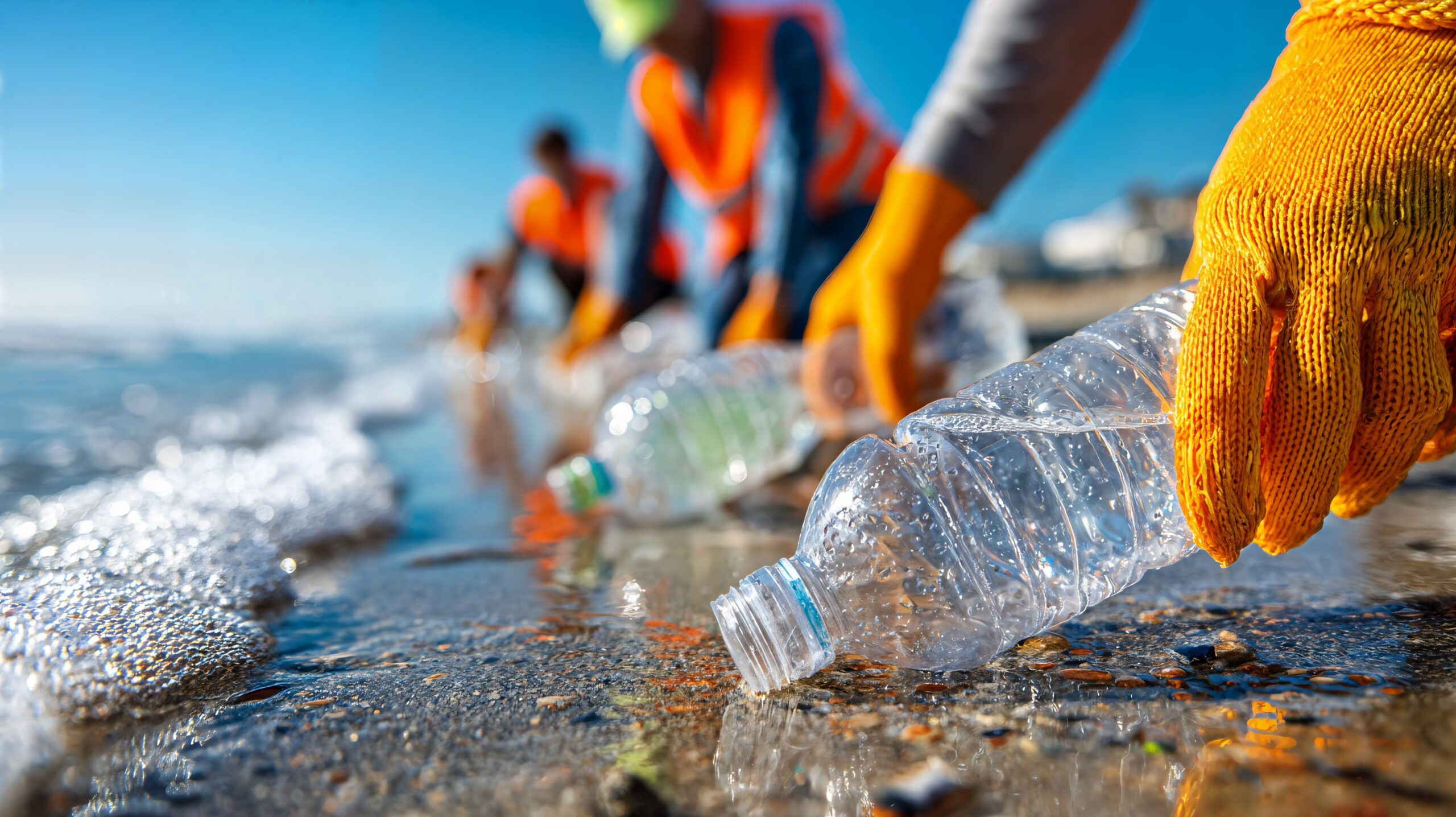 Closeup of a persons gloved hand picking up a plastic water bottle from the sandy shore during a bea