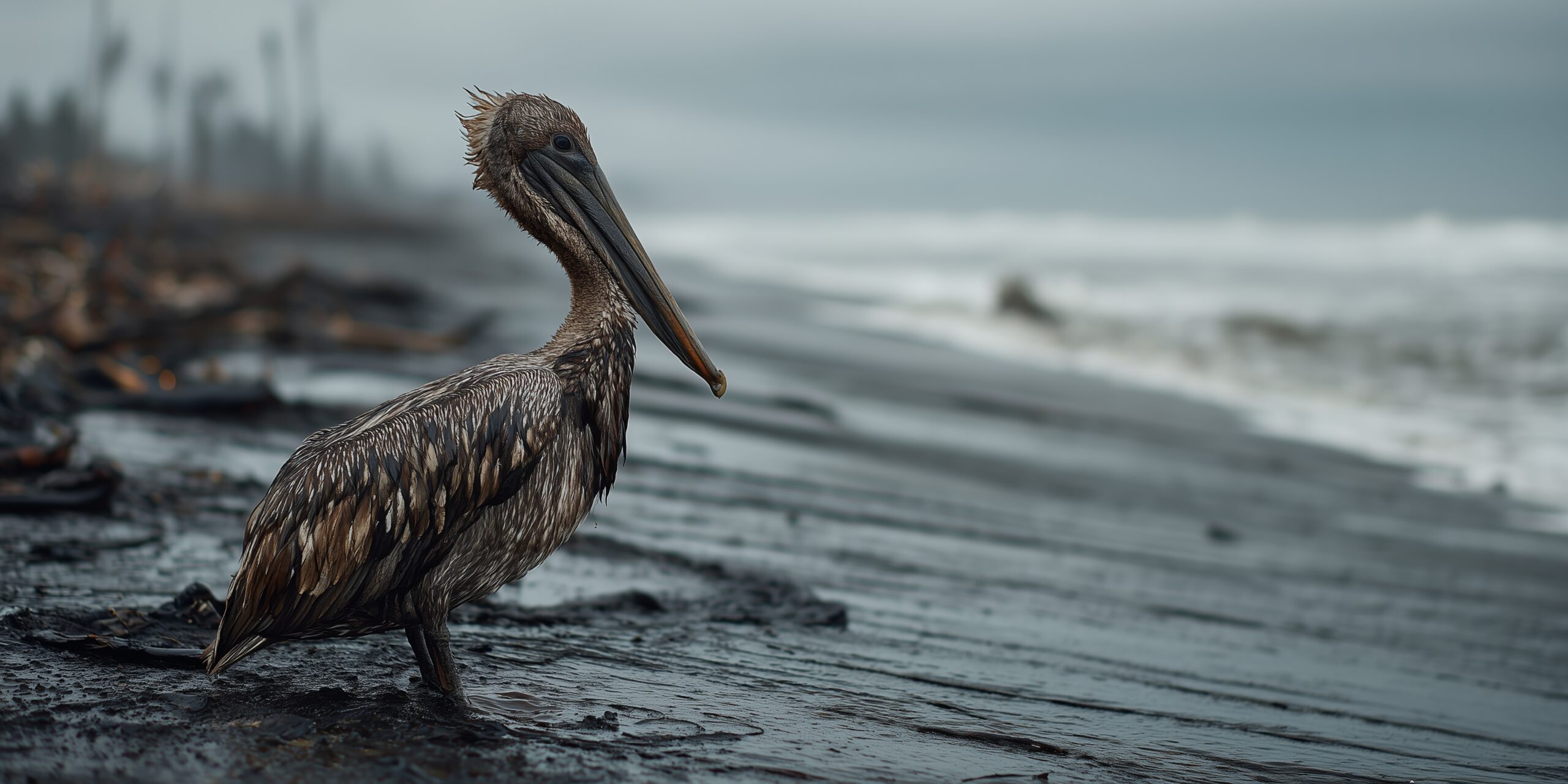 Pelican stands on oilcovered beach during cloudy day after oil spill disaster affects local wildlife